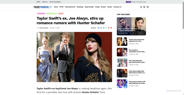 Security scan screenshot of https://www.musicmundial.com/en/taylor-swifts-ex-joe-alwyn-stirs-up-romance-rumors-with-hunter-schafer/