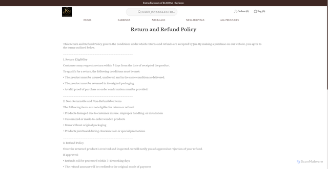 Security scan screenshot of https://jsncollections.com/return-policy