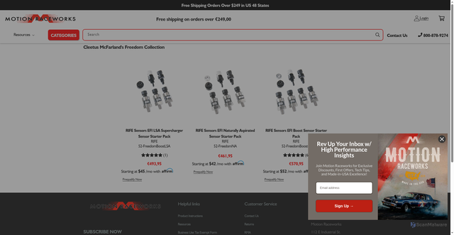 Security scan screenshot of https://motionraceworks.com/collections/cleetus-mcfarlands-freedom-collection?srsltid=AfmBOopE5SWiifKuULHfM3t4wkaBPIOyJCq9GBgr9rXe7trI4UagiS9m