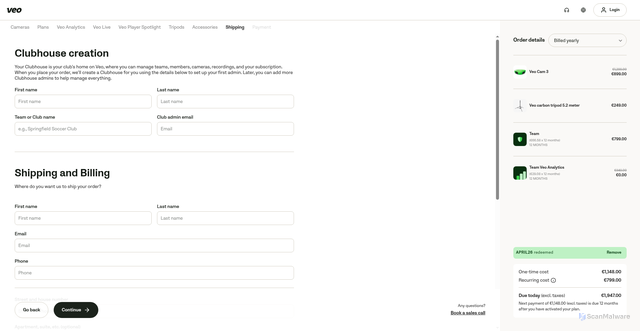 Security scan screenshot of https://app.veo.co/checkout?device=veocam&billingFrequency=Annual&prefill=100CAM002&prefill=510TEA001&prefill=240TRI001&prefill=610ATE001&prefillStep=shipping&initBasketOpen=true&utm_source=ActiveCampaign&utm_medium=email&utm_content=Which%20FREE%20add-on%20will%20you%20choose%3F&utm_campaign=Campaign%3A%20CFA26%20-%20Email%203%20%28ROW%29&vgo_ee=fVtiAdUpph0iqJ9%2B%2B%2FCcB8AfCaHNLyk0hAiv8Q%3D%3D%3AWbYtwjCpIAWagTG5dbwlqQl7Pcvgf2DB