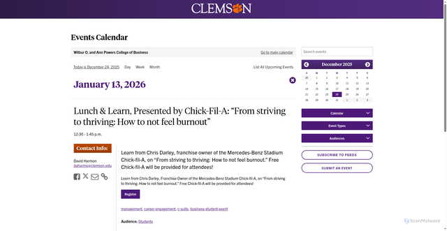 Security scan screenshot of https://events.clemson.edu/powersbusiness/event/22966-lunch-learn-presented-by-chick-fil-a-from-striving-to-