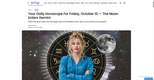 Security scan screenshot of https://www.yourtango.com/2025390867/daily-horoscope-zodiac-sign-october-10-2025