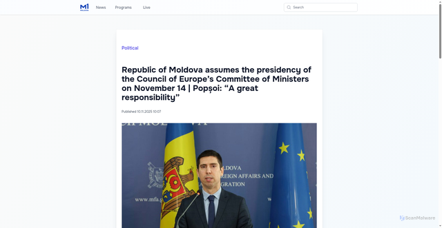 Security scan screenshot of https://moldova1.md/p/61611/republic-of-moldova-assumes-the-presidency-of-the-council-of-europe-s-committee-of-ministers-on-november-14--popsoi--a-great-responsibility-