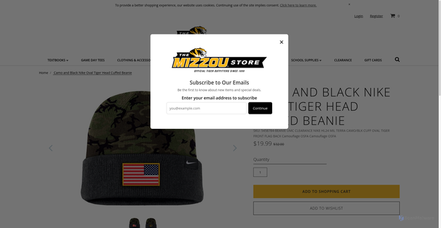 Security scan screenshot of https://www.themizzoustore.com/5458784-BEANIE-UMC-NIKE-HL24-MIL-TERRA-CAMO-BLK-CUFF-OVAL-TIGER-FRONT-FLAG-BACK-Camouflage-OSFA-Camo?srsltid=AU7gw4XYCKrcAdG4dkWQfjTKNgsE6l30kNh0iNIKSYrwt6cc0oIVo3-E