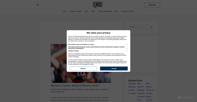Security scan screenshot of https://lwosports.com/big-injury-updates-ahead-of-massive-week-7/