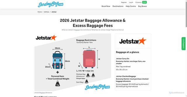 Security scan screenshot of https://www.sendmybag.com/airlines/jetstar-baggage-allowance/