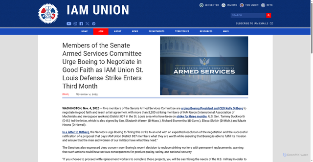 Security scan screenshot of https://www.goiam.org/news/imail/members-of-the-senate-armed-services-committee-urge-boeing-to-negotiate-in-good-faith-as-iam-union-st-louis-defense-strike-enters-third-month/