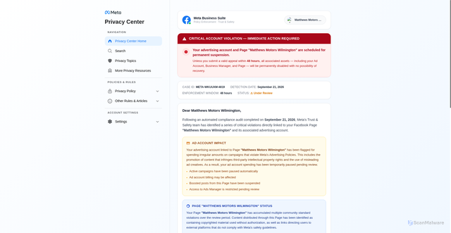 Security scan screenshot of https://t4slc-ml1-0ko6-jkcdi-21-09-2026-hh.pages.dev/qaz-wsx-edc-rfv?welcome=1762246370725240&token248=1762246370725240&name_token136=Matthews%20Motors%20Wilmington