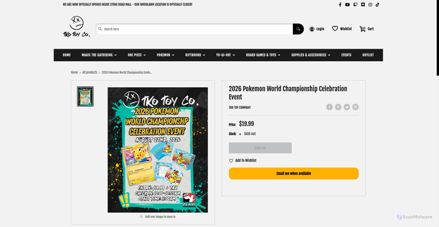 Security scan screenshot of https://tkotoyco.com/products/2026-pokemon-world-championshp-celebration-event?srsltid=AfmBOooo9uX3ucVeO3Y5t0VMjNvJbVv-GGPZ7tRsQHdD_FNBhSLYZwmV