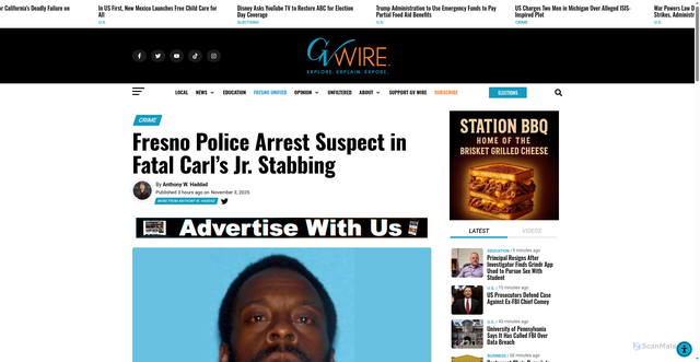 Security scan screenshot of https://gvwire.com/2025/11/03/fresno-police-arrest-suspect-in-fatal-carls-jr-stabbing/