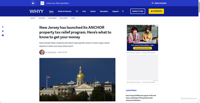 Security scan screenshot of https://whyy.org/articles/new-jersey-anchor-property-tax-relief-what-to-know/