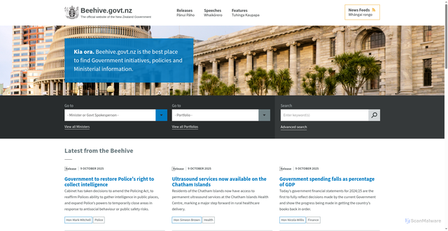 Security scan screenshot of https://www.beehive.govt.nz/
