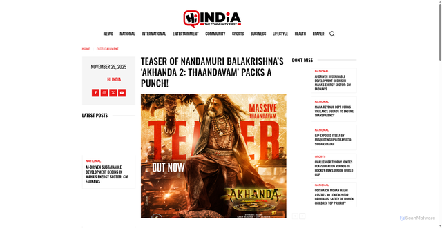 Security scan screenshot of https://hiindia.com/teaser-of-nandamuri-balakrishnas-akhanda-2-thaandavam-packs-a-punch/