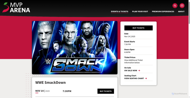 Security scan screenshot of https://www.mvparena.com/events/detail/wwe-smackdown-nov-14
