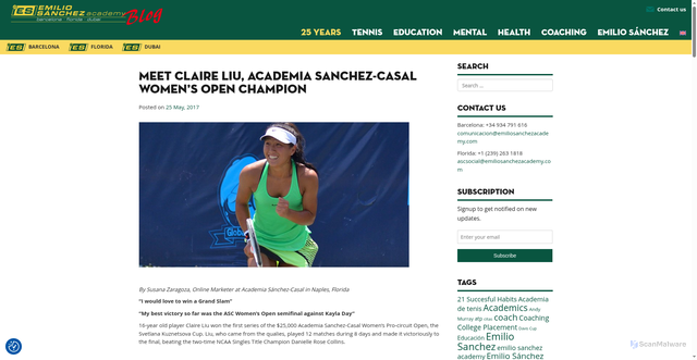 Security scan screenshot of https://blog.emiliosanchezacademy.com/meet-claire-liu-academia-sanchez-casal-womens-open-champion/