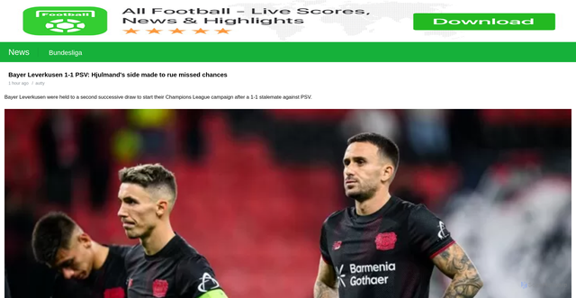 Security scan screenshot of https://m.allfootballapp.com/news/Bundesliga/Bayer-Leverkusen-1-1-PSV-Hjulmands-side-made-to-rue-missed-chances/4110500