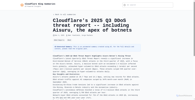 Security scan screenshot of https://autoblog-8xk.pages.dev/post/ddos-threat-report-2025-q3/