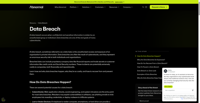 Security scan screenshot of https://www.abnormal.ai/glossary/data-breach