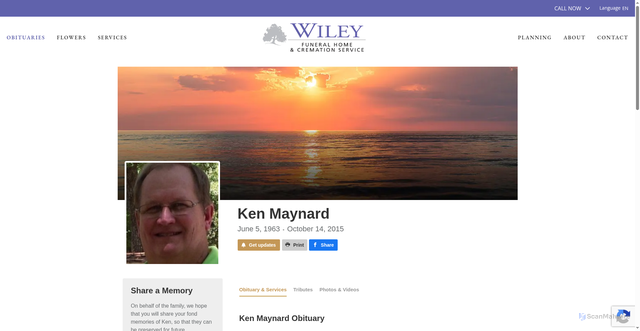 Security scan screenshot of https://www.wileyfuneralhome.com/obituaries/Ken-Maynard?obId=28114276