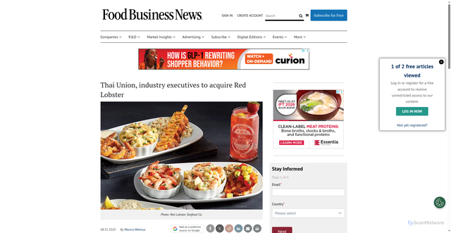 Security scan screenshot of https://www.foodbusinessnews.net/articles/16734-thai-union-industry-executives-to-acquire-red-lobster