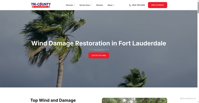 Security scan screenshot of https://tricountyallrestorations.com/storm-wind-damage-restoration-fort-lauderdale/