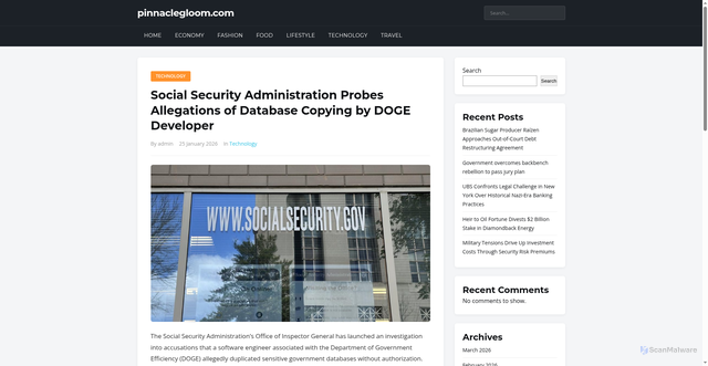 Security scan screenshot of https://pinnaclegloom.com/social-security-administration-probes-allegations-of-database-copying-by-doge-developer/