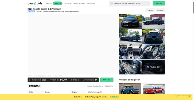 Security scan screenshot of https://carsandbids.com/auctions/3pAkQD4l/2021-toyota-supra-30-premium