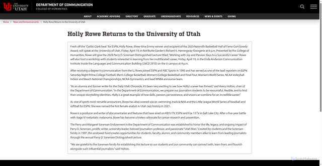 Security scan screenshot of https://communication.utah.edu/news/holly-rowe.php