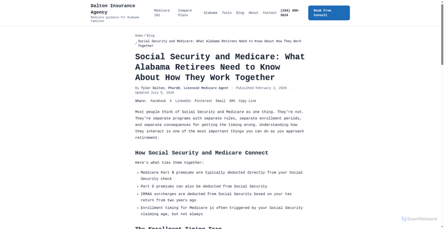 Security scan screenshot of https://dalton-insuranceagency.pages.dev/blog/social-security-medicare-alabama-guide