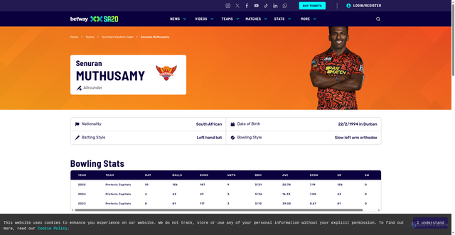 Security scan screenshot of https://www.sa20.co.za/player/senuran-muthusamy