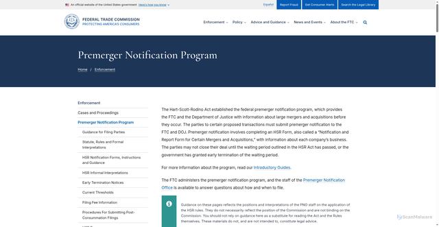 Security scan screenshot of https://www.ftc.gov/enforcement/premerger-notification-program