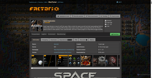 Security scan screenshot of https://mods.factorio.com/mod/space-exploration