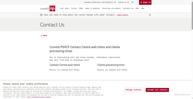 Security scan screenshot of https://www.welcome.canadalife.com/pshcp/contact-us.html