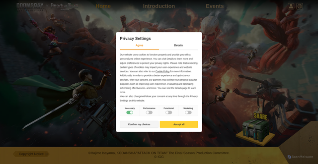 Security scan screenshot of https://dls.igg.com/attackontitan/