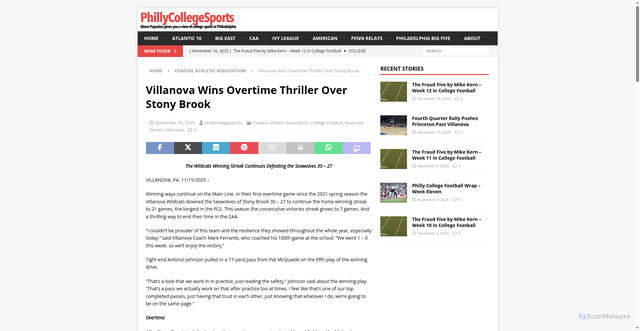 Security scan screenshot of https://phillycollegesports.com/2025/11/16/villanova-wins-overtime-thriller-over-stony-brook/