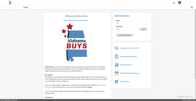 Security scan screenshot of https://alabamabuys.gov/page.aspx/en/usr/login?ReturnUrl=%2fpage.aspx%2fen%2fbuy%2fhomepage
