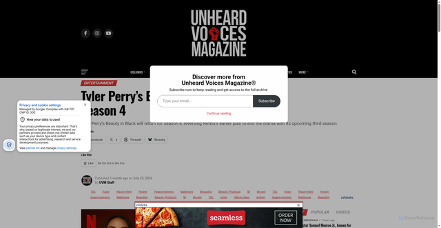 Security scan screenshot of https://unheardvoicesmag.com/2026/07/25/tyler-perrys-beauty-in-black-renewed-for-season-4/