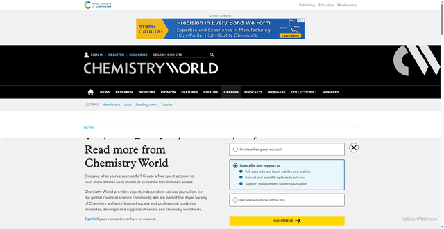 Security scan screenshot of https://www.chemistryworld.com/news/anthony-fauci-subpoenaed-to-face-accusations-on-covid-origins-that-may-become-test-of-biden-pardon/4023761.article