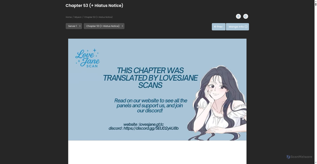 Security scan screenshot of http://lovesjane.site/manga/miyeon/chapter-53-hiatus-notice/