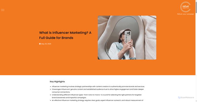 Security scan screenshot of https://www.refuelagency.com/blog/what-is-influencer-marketing-a-full-guide-for-brands/