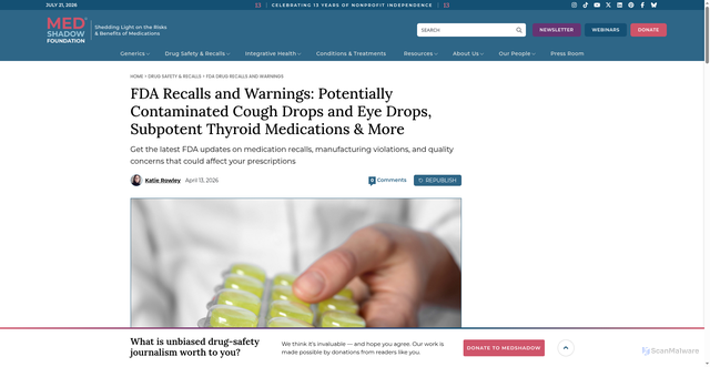 Security scan screenshot of https://medshadow.org/drug-updates-recalls/fda-recalls-and-warnings/contaminated-cough-drops-xanax-subpotent-levothyroxine/
