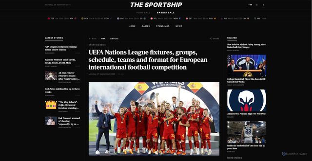 Security scan screenshot of https://www.thesportsship.com/nba/article/uefa-nations-league-fixtures-groups-schedule-teams-and-format-for-n07vpiduuqv