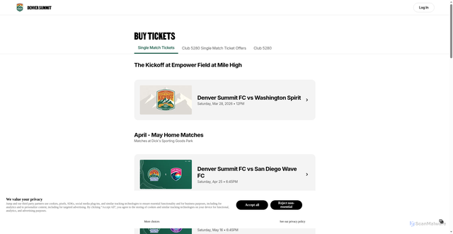 Security scan screenshot of https://tickets.denversummitfc.com/