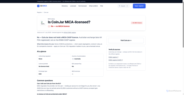 Security scan screenshot of https://eumica.com/exchange/coinjar