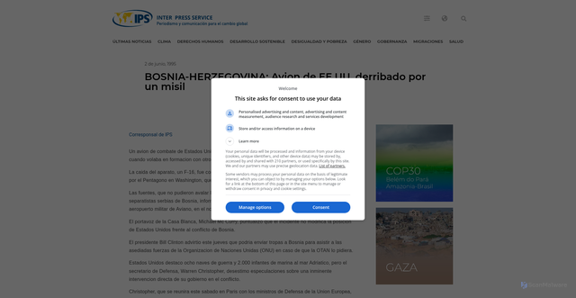 Security scan screenshot of https://ipsnoticias.net/1995/06/bosnia-herzegovina-avion-de-ee-uu-derribado-por-un-misil/