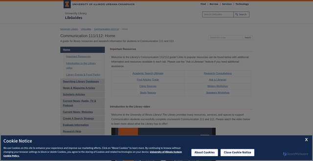 Security scan screenshot of https://guides.library.illinois.edu/CMN111