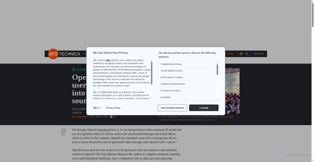 Security scan screenshot of https://arstechnica.com/ai/2025/10/openais-sora-2-lets-users-insert-themselves-into-ai-videos-with-sound/