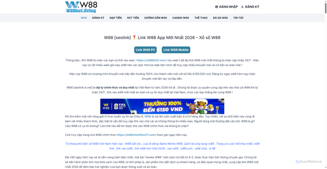 Security scan screenshot of https://w88chinhthuc11.com
