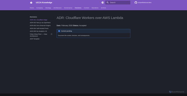 Security scan screenshot of https://ucca-knowledge.pages.dev/decisions/adr-001-cloudflare-edge/