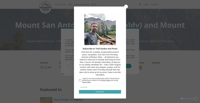 Security scan screenshot of https://modernhiker.com/hike/hiking-mount-san-antonio-mount-baldy-and-mount-harwood/
